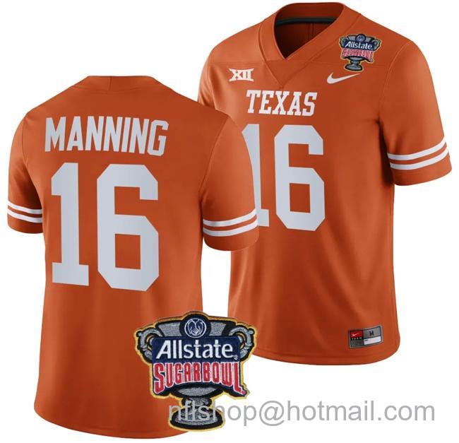 Men's Arch Manning Jersey #16 Texas Longhorns Allstate Sugar Bowl Patch 2024 College Football Orange