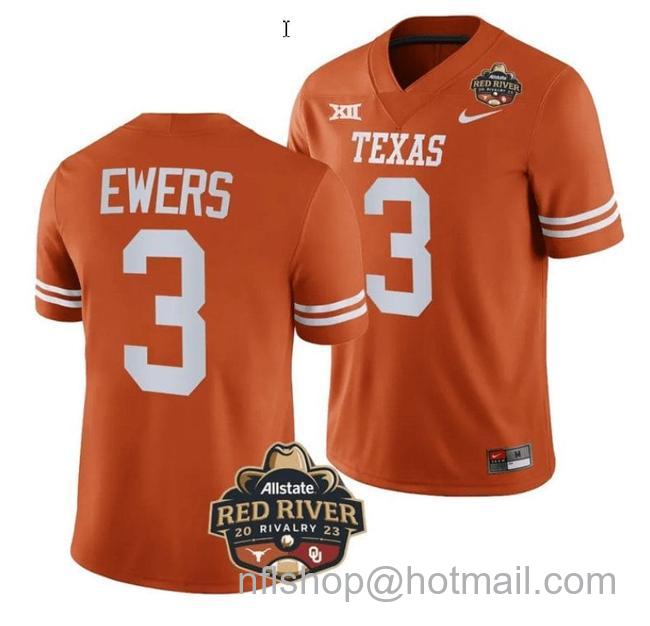 Men's Quinn Ewers Jersey #3 Texas Longhorn Allstate Red River Vivalry Patch College Football Orange