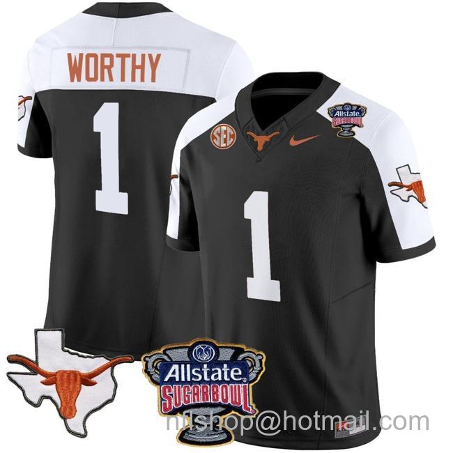 Men's Xavier Worthy Jersey #1 Texas Longhorns Sugar Bowl Patch Vapor Football Black Alternate