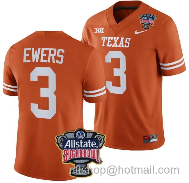 Men's Quinn Ewers Jersey #3 Texas Longhorns Allstate Sugar Bowl Patch 2024 College Football Orange