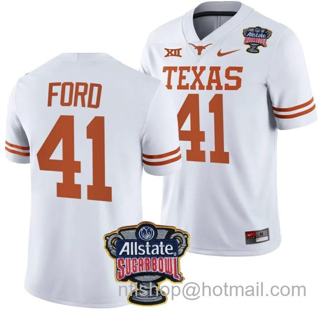 Men's Jaylan Ford Jersey #41 Texas Longhorns Allstate Sugar Bowl Patch 2024 College Football White