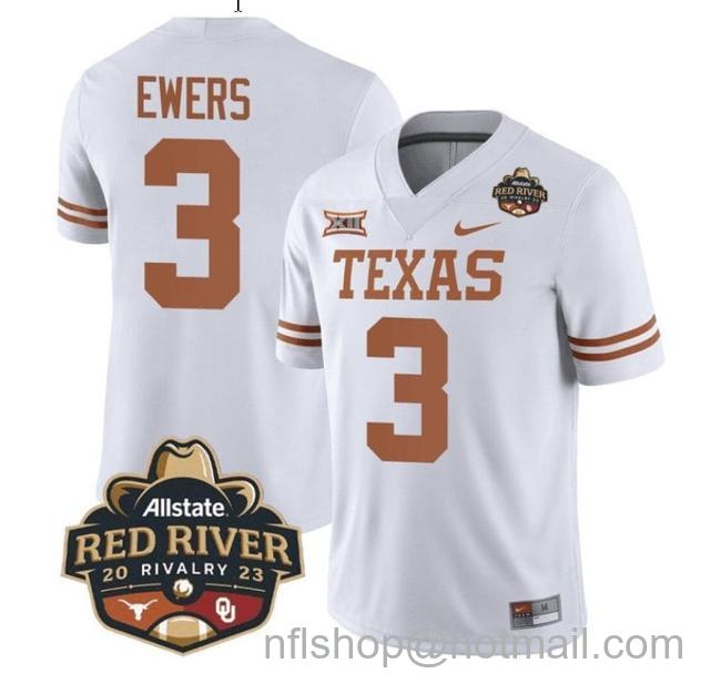 Men's Quinn Ewers Jersey #3 Texas Longhorn Allstate Red River Vivalry Patch College Football White