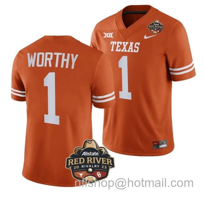 Men's Xavier Worthy Jersey #1 Texas Longhorn Allstate Red River Vivalry Patch College Football Orange