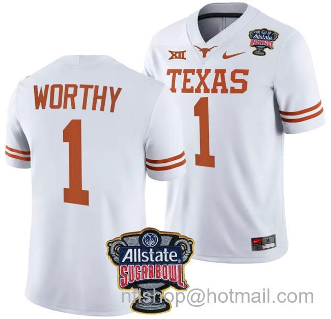 Men's Xavier Worthy Jersey #1 Texas Longhorns Allstate Sugar Bowl Patch 2024 College Football White