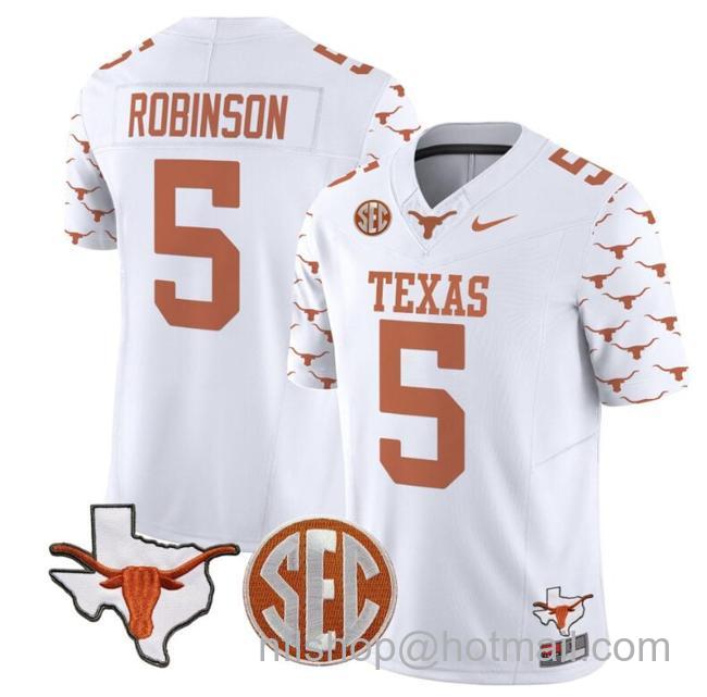 Men's Bijan Robinson Jersey #5 Texas Longhorns State Map and Sec Patch Vapor Limited College Football Stitched White