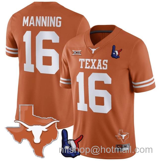 Men's Arch Manning Jersey #16 Texas Longhorns Texas State Map and Throwing Up The H Patch Football Orange