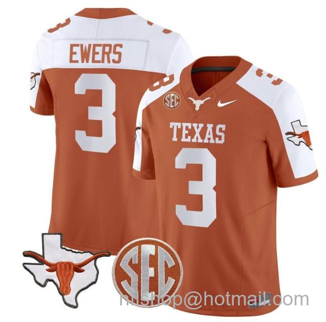 Men's Quinn Ewers Jersey #3 Texas Longhorns State Map and Sec Patch Vapor Limited College Football Stitched Orange Alternate