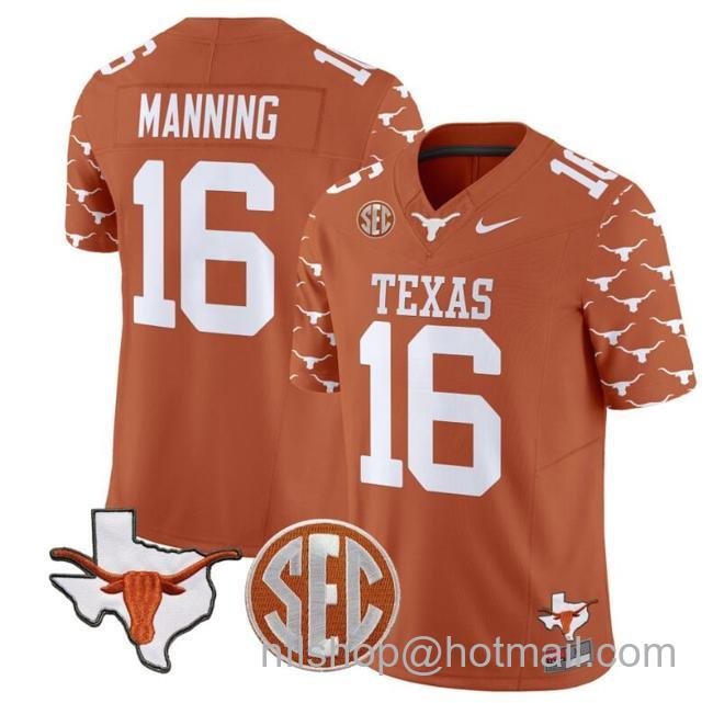 Men's Arch Manning Jersey #16 Texas Longhorns State Map and Sec Patch Vapor Limited College Football Stitched Texas Orange