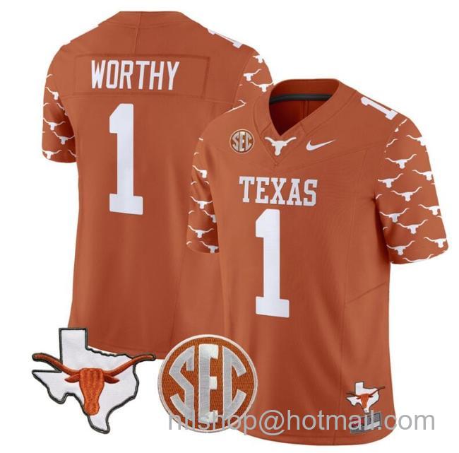 Men's Xavier Worthy Jersey #1 Texas Longhorns State Map and Sec Patch Vapor Limited College Football Stitched Texas Orange