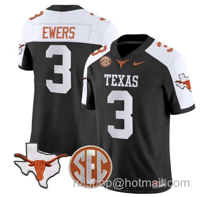 Men's Quinn Ewers Jersey #3 Texas Longhorns State Map and Sec Patch Vapor Limited College Football Stitched Black Alternate