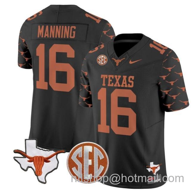 Men's Arch Manning Jersey #16 Texas Longhorns State Map and Sec Patch Vapor Limited College Football Stitched Black