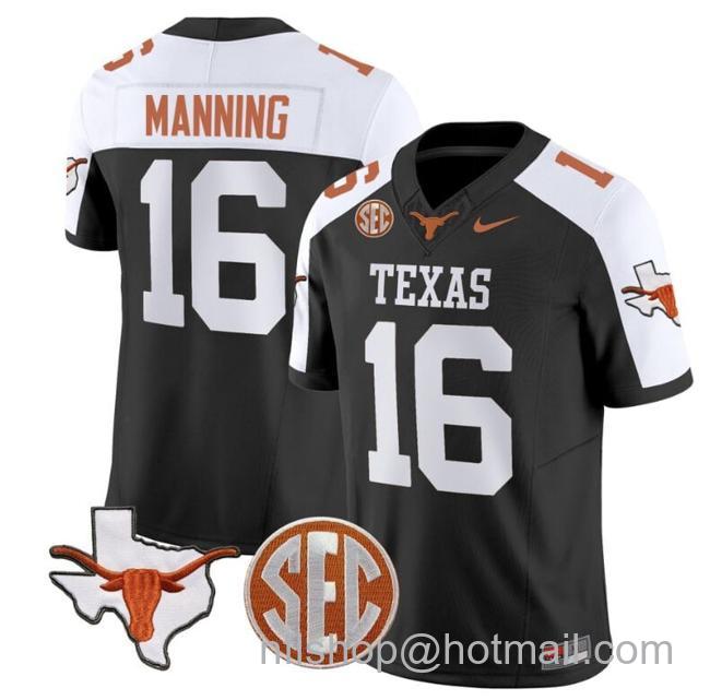 Men's Arch Manning Jersey #16 Texas Longhorns State Map and Sec Patch Vapor Limited College Football Stitched Black Alternate