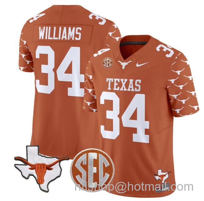 Men's Ricky Williams Jersey #34 Texas Longhorns State Map and Sec Patch Vapor Limited College Football Stitched Texas Orange