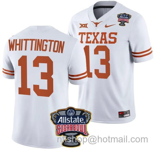 Men's Jordan Whittington Jersey #13 Texas Longhorns Allstate Sugar Bowl Patch 2024 College Football White