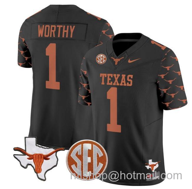 Men's Xavier Worthy Jersey #1 Texas Longhorns State Map and Sec Patch Vapor Limited College Football Stitched Black