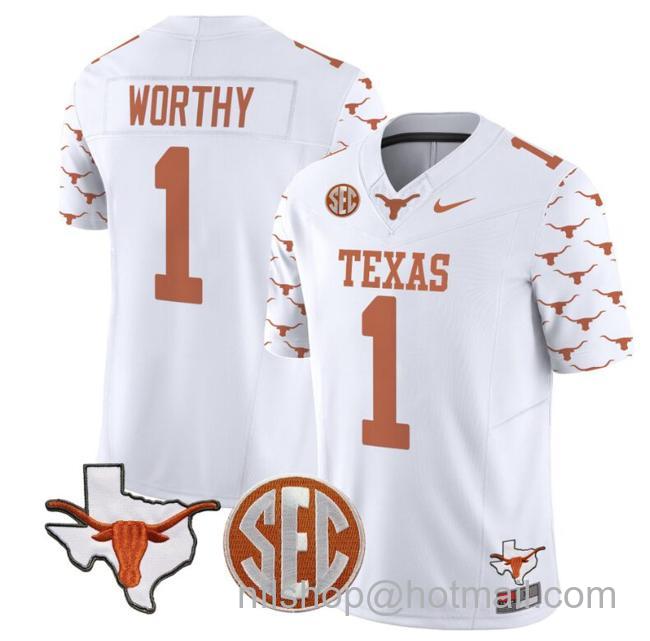 Men's Xavier Worthy Jersey #1 Texas Longhorns State Map and Sec Patch Vapor Limited College Football Stitched White