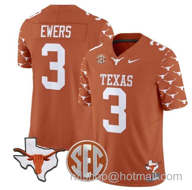 Men's Quinn Ewers Jersey #3 Texas Longhorns State Map and Sec Patch Vapor Limited College Football Stitched Texas Orange