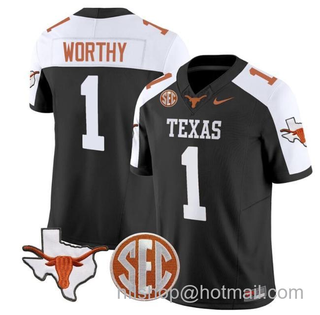 Men's Xavier Worthy Jersey #1 Texas Longhorns State Map and Sec Patch Vapor Limited College Football Stitched Black Alternate