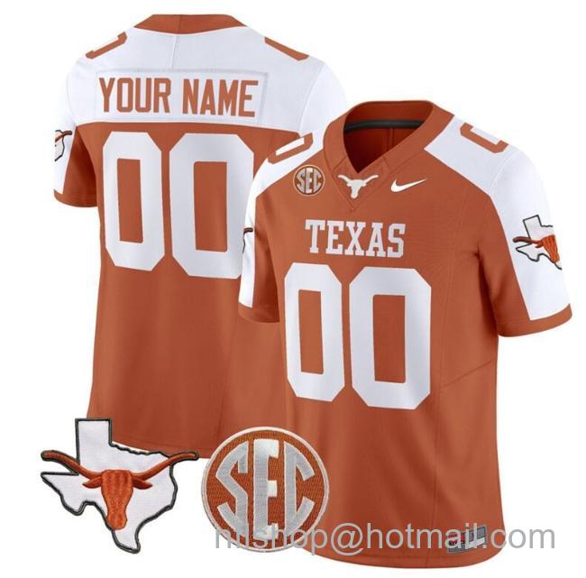 Men's Custom Texas Longhorns Jersey Name and Number State Map and Sec Patch Vapor Limited College Football Stitched Orange Alternate