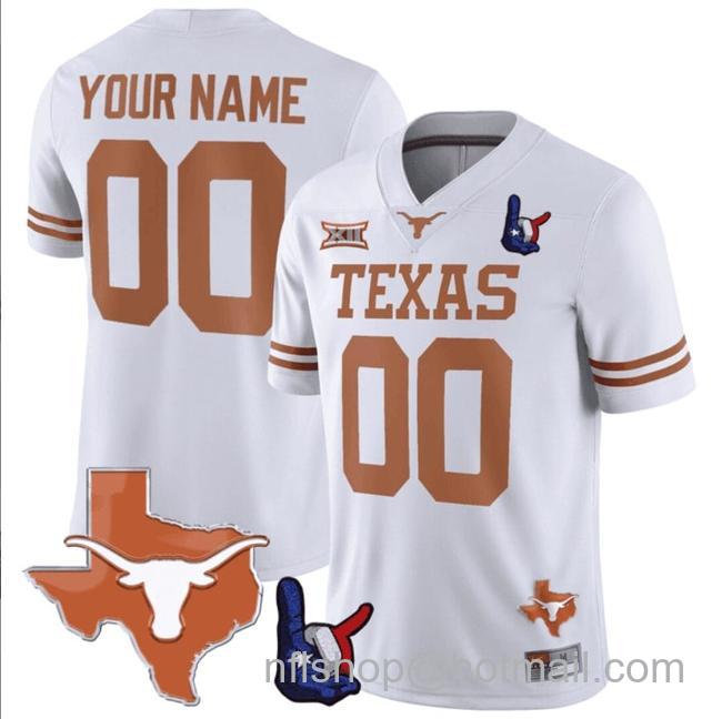 Men's Custom Texas Longhorns Jersey Name and Number Texas State and Throwing Up The H Patch White