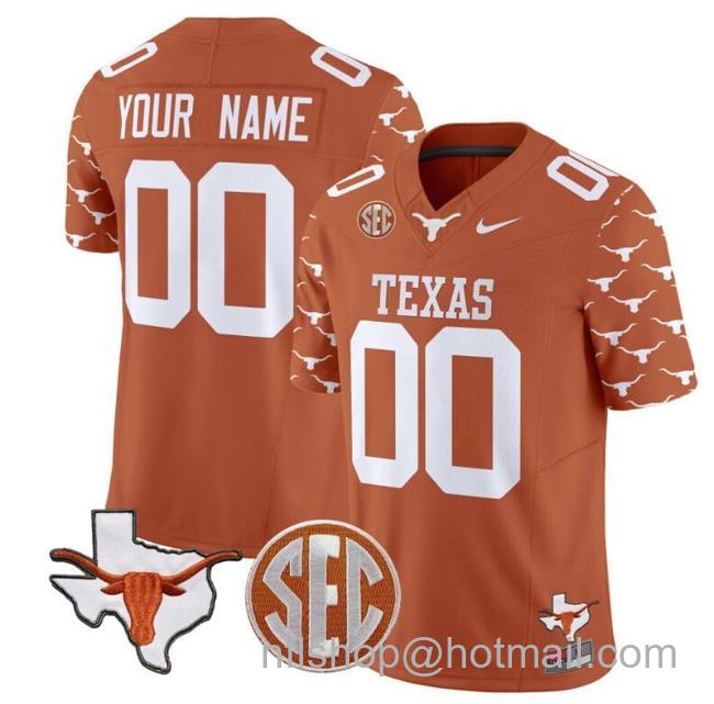 Men's Custom Texas Longhorns Jersey Name and Number State Map and Sec Patch Vapor Limited College Football Stitched Texas Orange