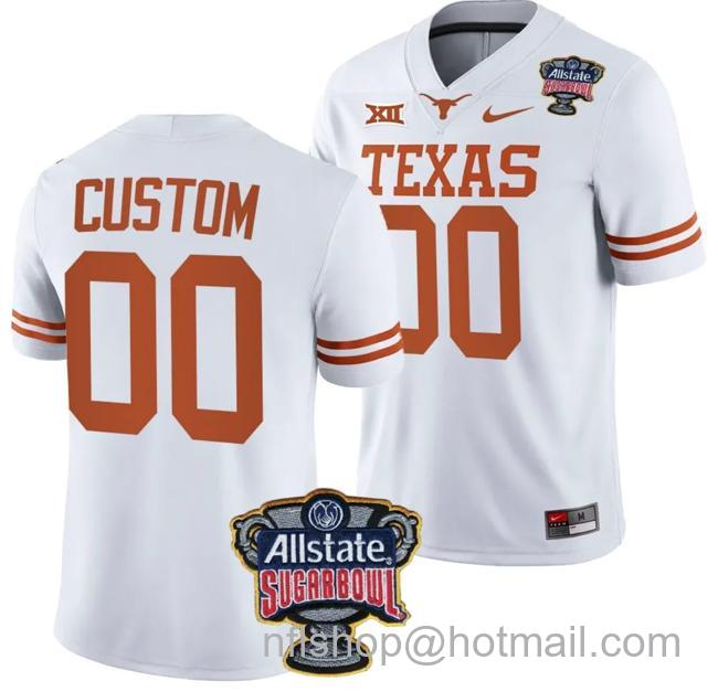 Men's Custom Texas Longhorns Jersey Name and Number Allstate Sugar Bowl Patch 2024 College Football White