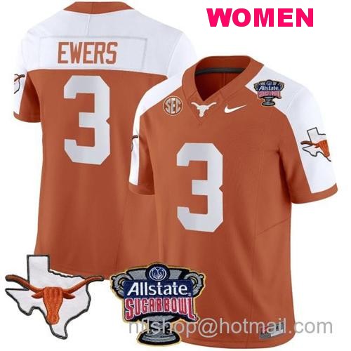 Women's Quinn Ewers Jersey #3 Texas Longhorns Sugar Bowl Patch Vapor Football Orange Alternate