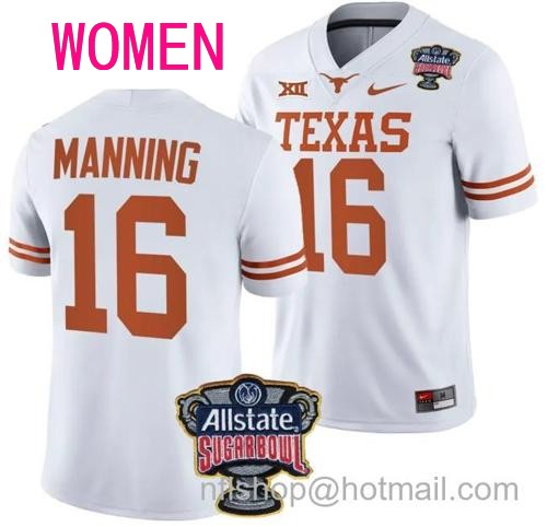 Women's Arch Manning Jersey #16 Texas Longhorns Allstate Sugar Bowl Patch 2024 College Football White