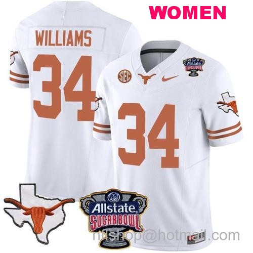 Women's Ricky Williams Jersey #34 Texas Longhorns Sugar Bowl Patch Vapor Football White