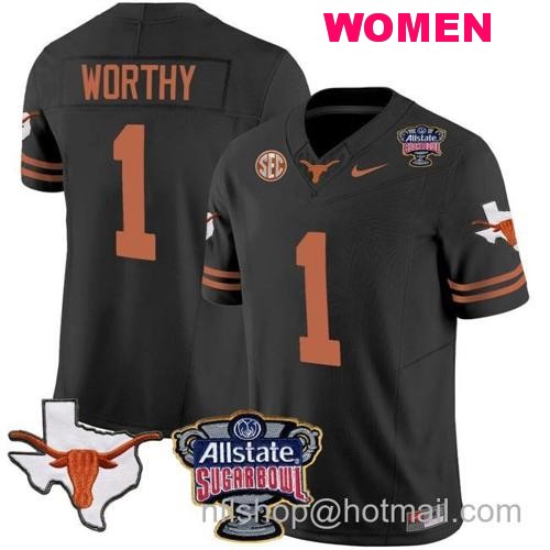 Women's Xavier Worthy Jersey #1 Texas Longhorns Sugar Bowl Patch Vapor Football Black