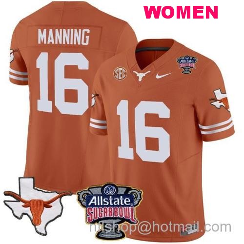 Women's Arch Manning Jersey #16 Texas Longhorns Sugar Bowl Patch Vapor Football Texas Orange