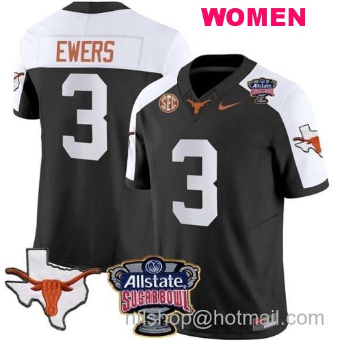 Women's Quinn Ewers Jersey #3 Texas Longhorns Sugar Bowl Patch Vapor Football Black Alternate