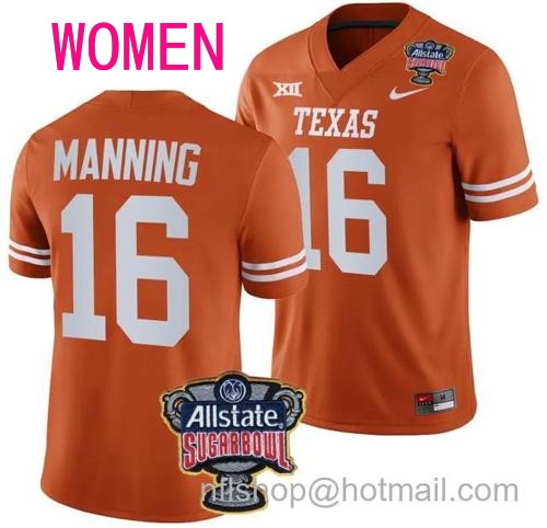 Women's Arch Manning Jersey #16 Texas Longhorns Allstate Sugar Bowl Patch 2024 College Football Orange