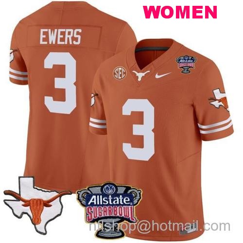 Women's Quinn Ewers Jersey #3 Texas Longhorns Sugar Bowl Patch Vapor Football Texas Orange