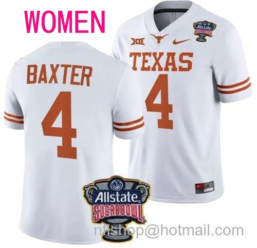 Women's CJ Baxter Jersey #4 Texas Longhorns Allstate Sugar Bowl Patch 2024 College Football White