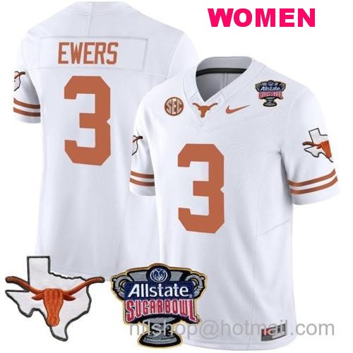 Women's Quinn Ewers Jersey #3 Texas Longhorns Sugar Bowl Patch Vapor Football White