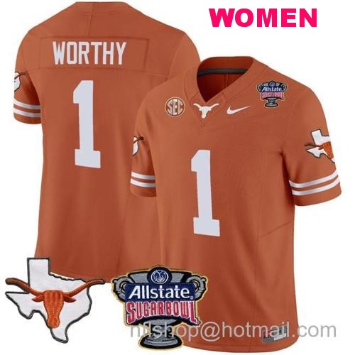 Women's Xavier Worthy Jersey #1 Texas Longhorns Sugar Bowl Patch Vapor Football Texas Orange