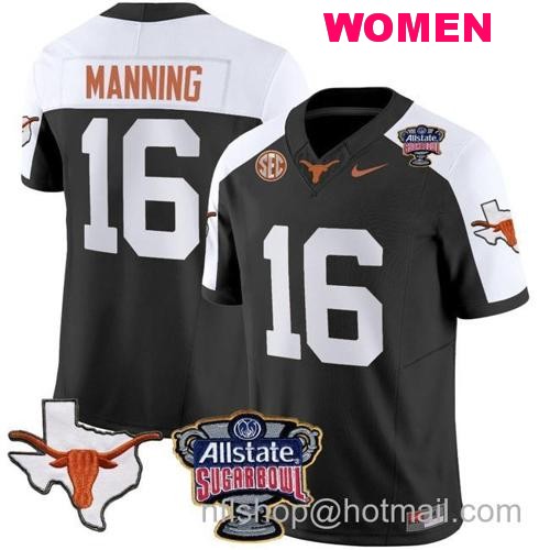 Women's Arch Manning Jersey #16 Texas Longhorns Sugar Bowl Patch Vapor Football Black Alternate