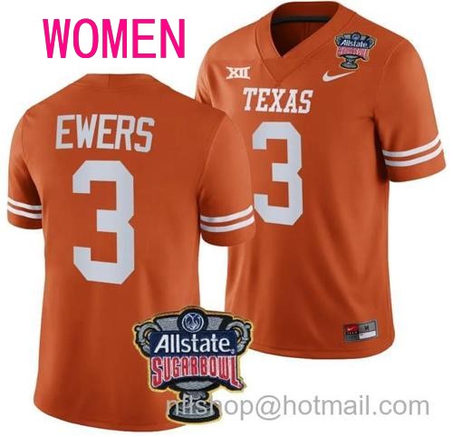 Women's Quinn Ewers Jersey #3 Texas Longhorns Allstate Sugar Bowl Patch 2024 College Football Orange