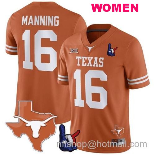 Women's Arch Manning Jersey #16 Texas Longhorns Texas State Map and Throwing Up The H Patch Football Orange