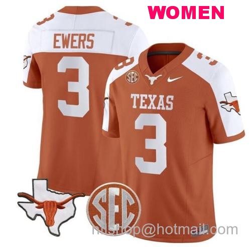 Women's Quinn Ewers Jersey #3 Texas Longhorns State Map and Sec Patch Vapor Limited College Football Stitched Orange Alternate