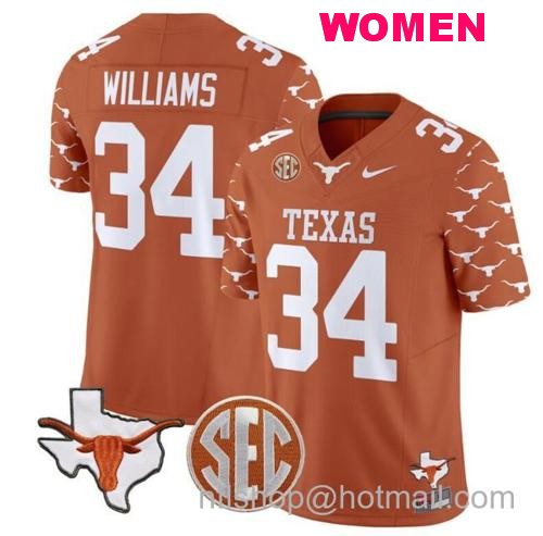 Women's Ricky Williams Jersey #34 Texas Longhorns State Map and Sec Patch Vapor Limited College Football Stitched Texas Orange