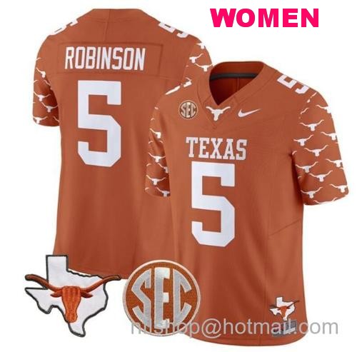 Women's Bijan Robinson Jersey #5 Texas Longhorns State Map and Sec Patch Vapor Limited College Football Stitched Texas Orange