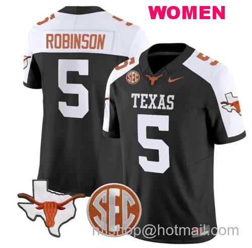 Women's Bijan Robinson Jersey #5 Texas Longhorns State Map and Sec Patch Vapor Limited College Football Stitched Black Alternate