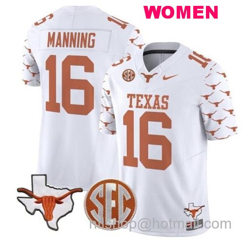 Women's Arch Manning Jersey #16 Texas Longhorns State Map and Sec Patch Vapor Limited College Football Stitched White