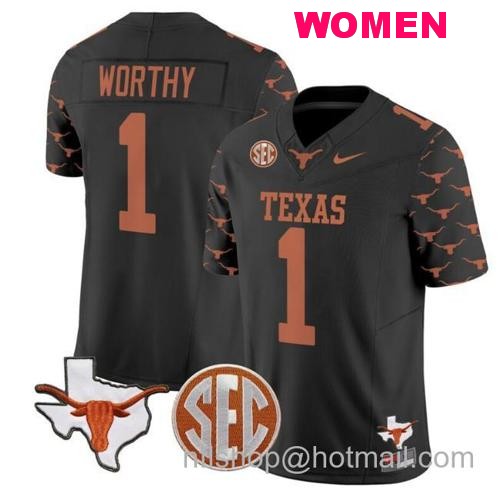 Women's Xavier Worthy Jersey #1 Texas Longhorns State Map and Sec Patch Vapor Limited College Football Stitched Black