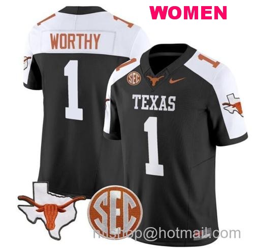 Women's Xavier Worthy Jersey #1 Texas Longhorns State Map and Sec Patch Vapor Limited College Football Stitched Black Alternate