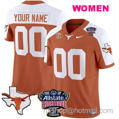 Women's Custom Texas Longhorns Jersey Name and Number Sugar Bowl Patch Football Orange Alternate