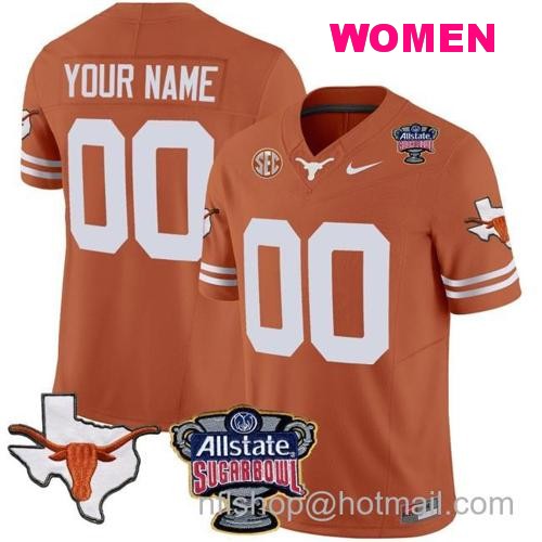 Women's Custom Texas Longhorns Jersey Name and Number Sugar Bowl Patch Football Texas Orange