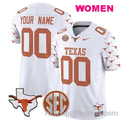 Women's Custom Texas Longhorns Jersey Name and Number State Map and Sec Patch Vapor Limited College Football Stitched White